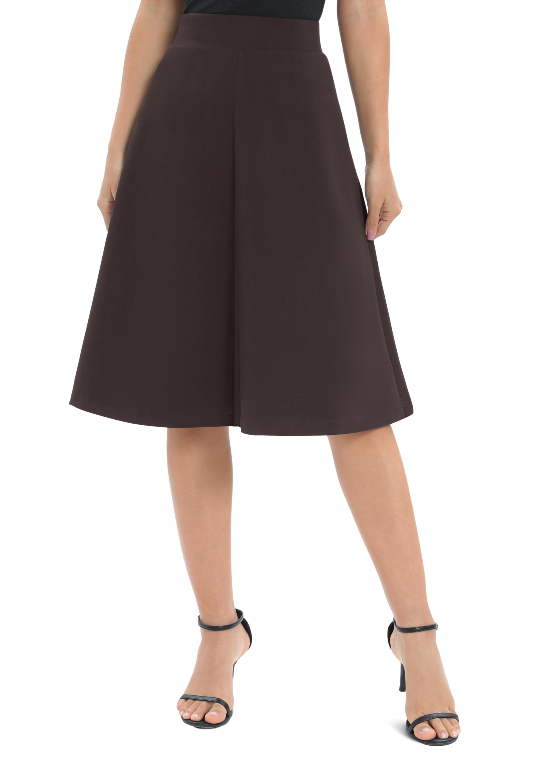 Urban Coco Women's A-Line Elastic High Waist Flare Work Midi Knee Length Stretchy Skirt, Brown, M
