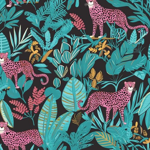 XRUIBZI Leopard Wallpaper Peel and Stick Jungle Animal Wallpaper Vinyl Wallpapers Tropical Contact Paper for Cabinet Waterproof Self Adhesive Pink Wall Paper for Kitchen Countertop Wall 17.5' x 393'
