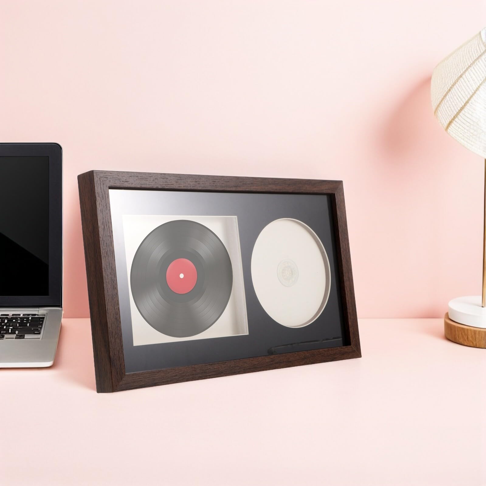 Cornice Espositore Per Album Musicali in Legno Marrone Scuro Supporto Porta Dischi E Cd Da Parete E Scrivania 3D Organizer Per Collezione Vinili