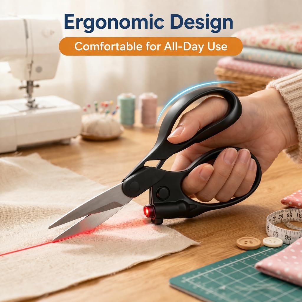 Professional Laser Guided Scissors, Upgraded Ergonomic Handle, Sewing Scissors Cuts Straight Fast with Precision Laser Guide for Fabric, Paper, Quilting, Crafts & Gift Wrapping