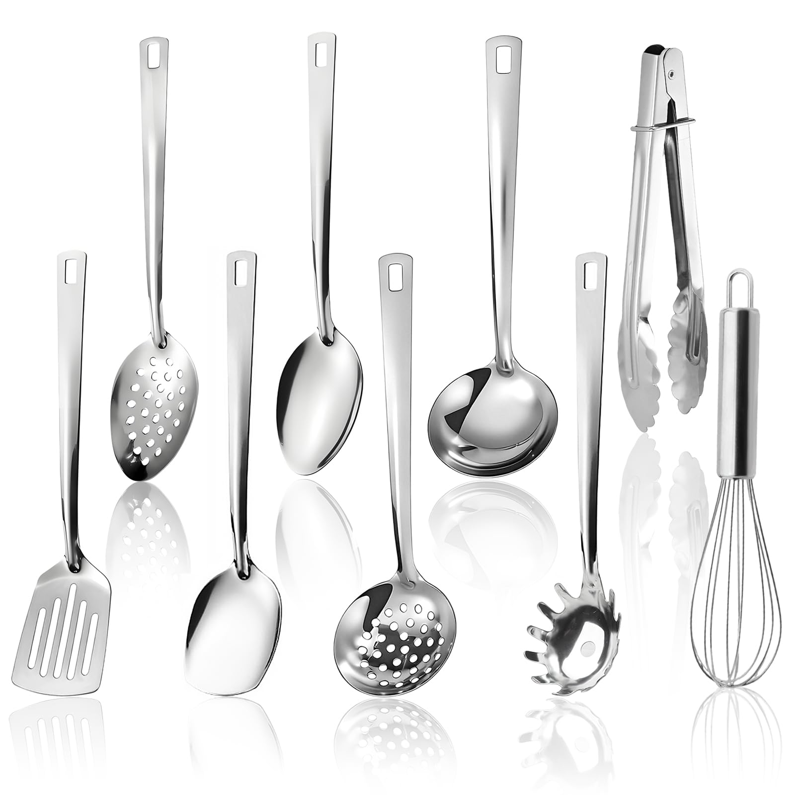 Juego de 9 utensilios de cocina de acero inoxidable – Herramientas de cocina con diseño de agujero colgante, utensilios de cocina, apto para lavavajillas, cucharón de acero inoxidable, espátula