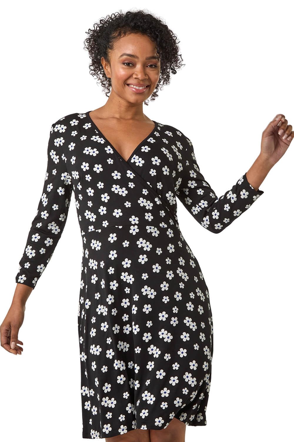 Roman Originals Women's Petite Noir Roman Wrap Tea Dress For Uk Fit Flare Skater Swing Stretch Frill Long & Short Sleeve Evening Cocktail Party Work Office Smart Casual Knee Length - Size 16