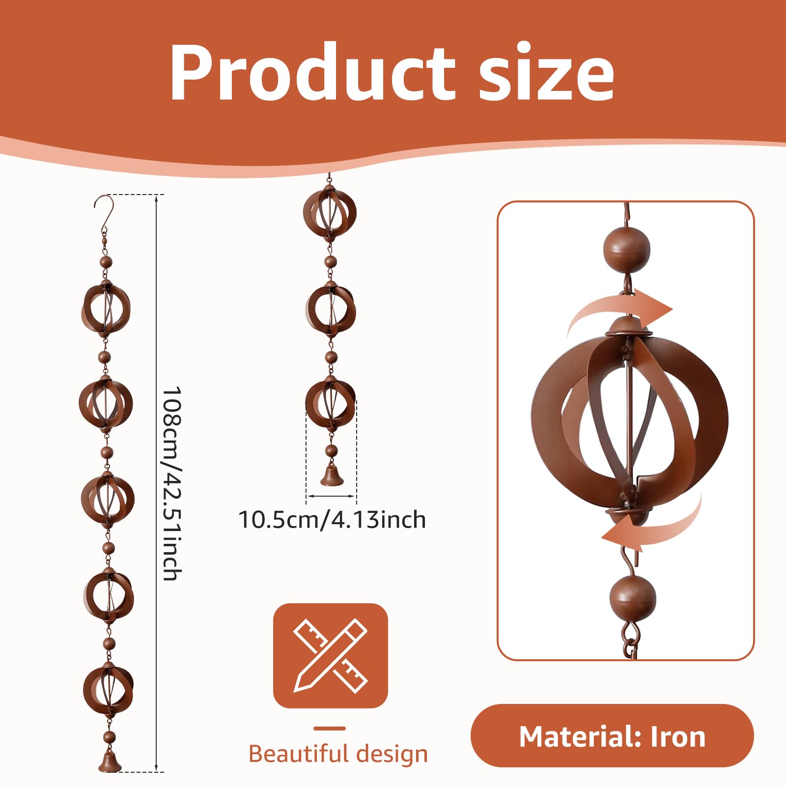 FALESOUL 3.6FT Rain Chain, Rain Chains for Gutters with 5 Cups, Not Rust Wrought Iron Rain Chains for Garden Decorative, for Gutters, Eaves, Drainage, Replacement for Downspout