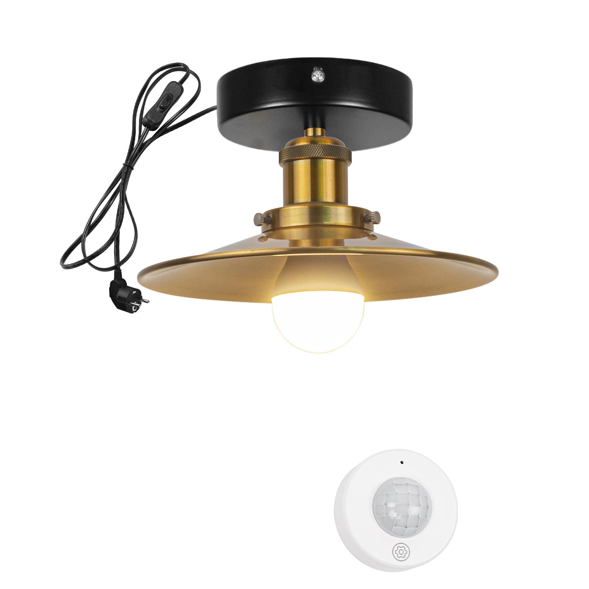 DZTB2773GD - Plafoniera con sensore di movimento senza fili, con cavo da 4,5 m e portalampada E27, per corridoio, bagno, scale, garage, colore nero