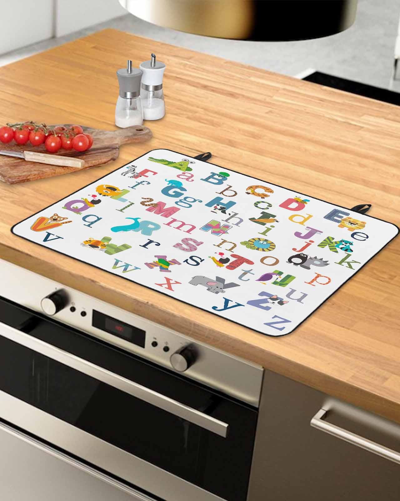 Stove Cover for Electric Stove, Alphabet Letter Colorful Cartoon Animals ABCD Letter Stove Top Cover for Glass Top, Heat Rubber Mat Foldable Cooktop Cover Top Protector, 24