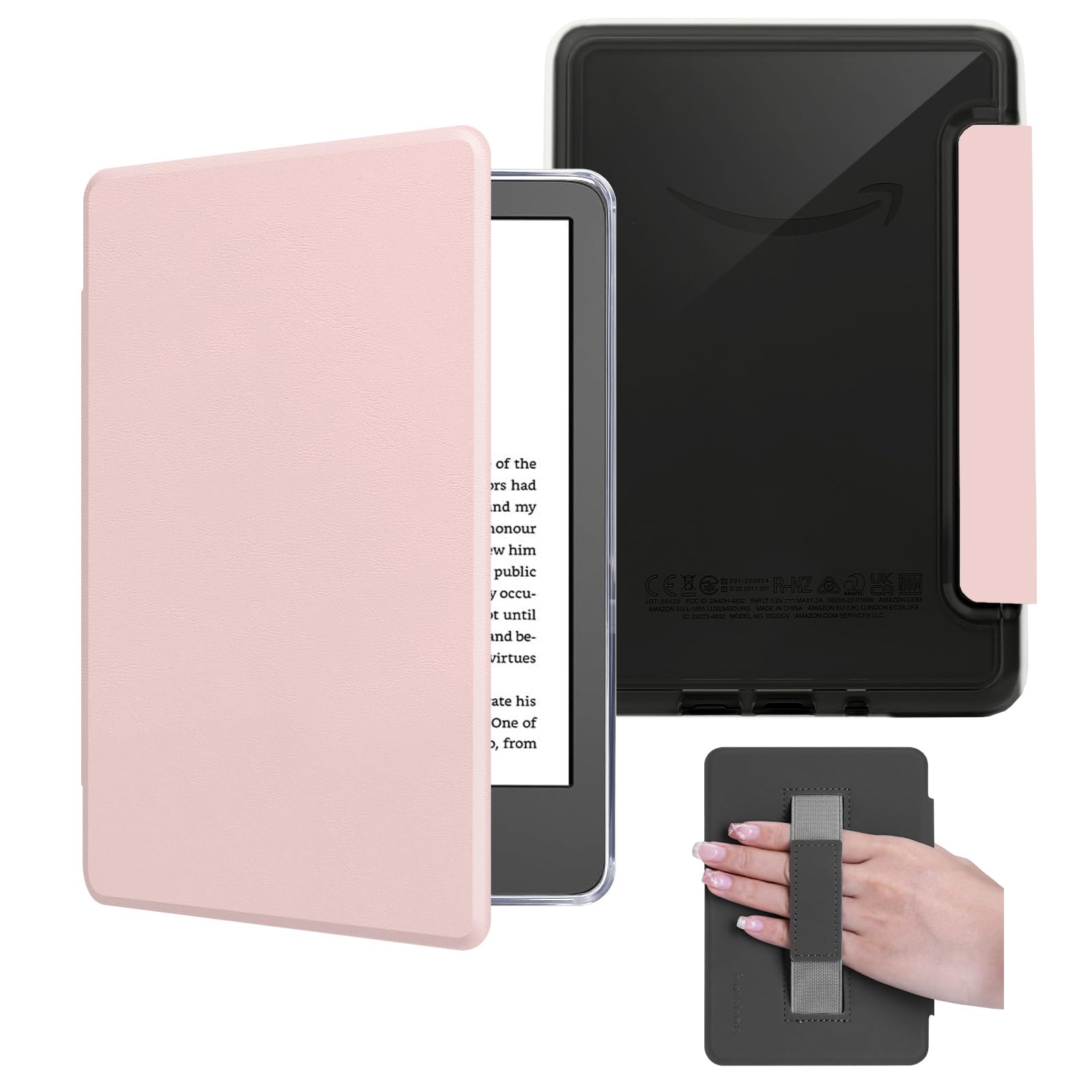 Funda con correa de mano para Kindle Paperwhite de 15.2 cm (10ª generación-versión 2018, modelo n.º PQ94WIF), funda de piel sintética y parte trasera dura transparente, con apagado y encendido