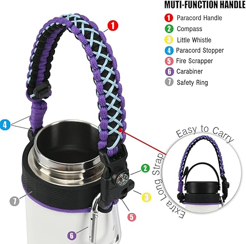 Miniatura 3 de Asa de cuerda de paracaídas para botella Hydro Flask 2.0 de boca ancha estándar con anillo y mosquetón (12, 16, 18, 20, 32, 40 y 64 onzas)
