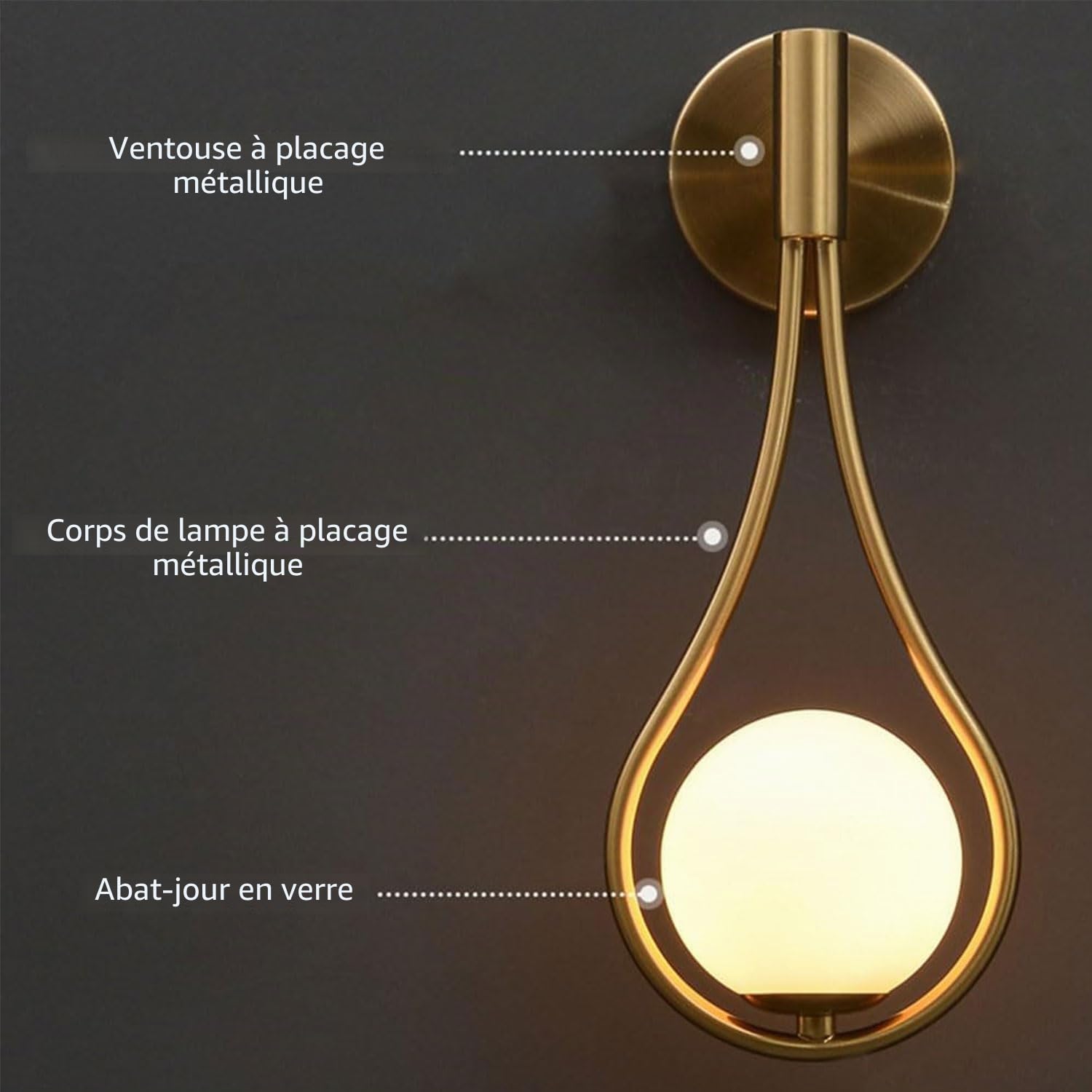 Appliques murales dorées au design de goutte du milieu du siècle avec abat-jour en verre globe, finition en laiton brossé, applique murale d'intérieur pour chambre à coucher, couloir, salon