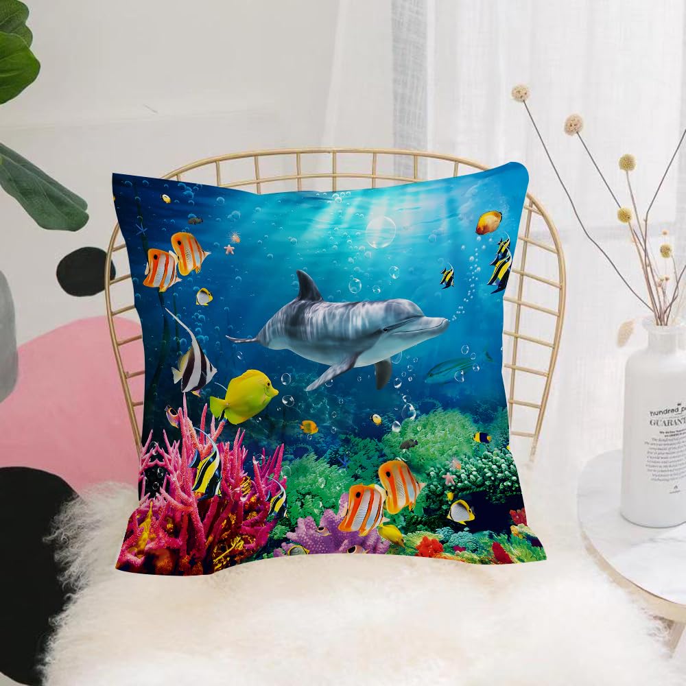 HYOSXW Cushion Cover,Throw Pillow Case Home Decorative for Living Room Bedroom Sofa Chair 16X16 Inch,Dolphin Coral Colorful Fish Under the Sea,Pillowcase 40X40cm