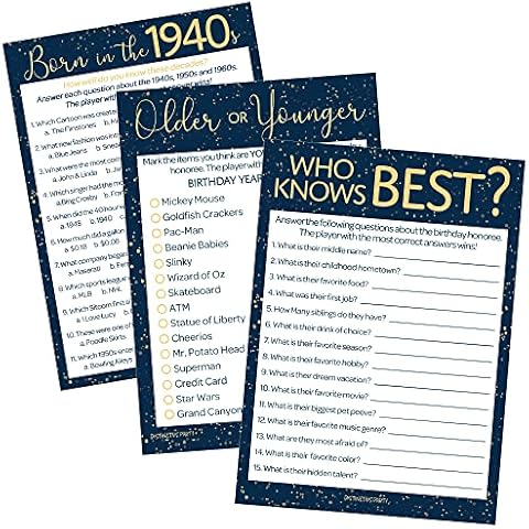 DISTINCTIVS Birthday Party Games - Born in The 1940s Navy Blue & Gold Birthday Game Bundle - 75th or 80th Birthday - Set of 3 Games for 20 Guests Cover
