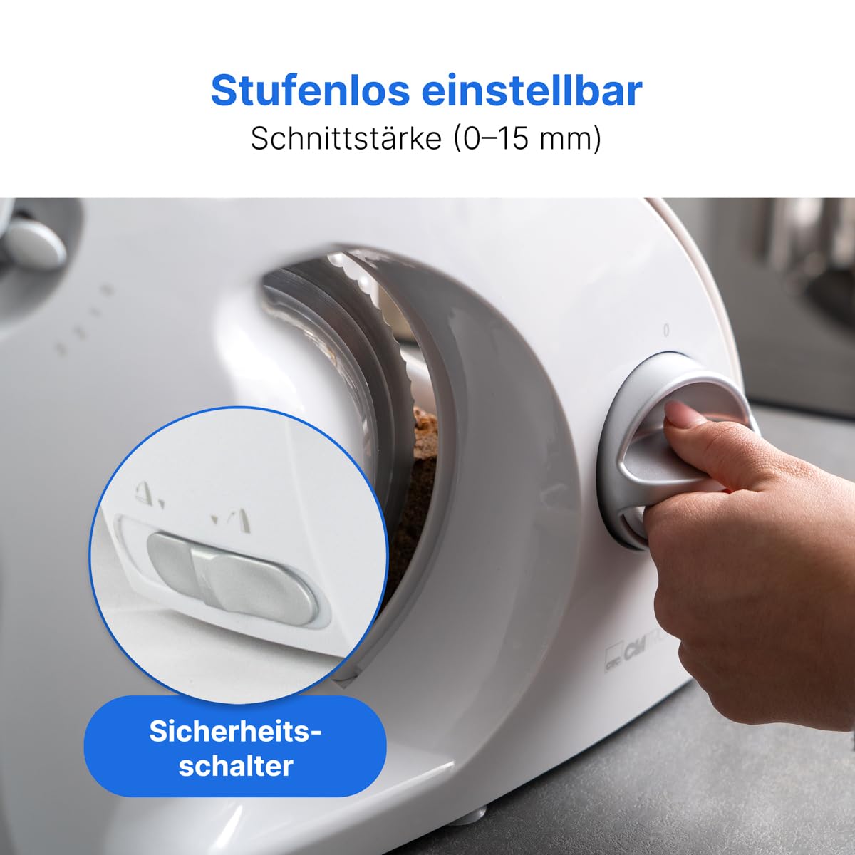 Clatronic® Allesschneider | 3 Stufen | Brotschneidemaschine mit Edelstahl Spezialmesser | stufenlos einstellbare Schnittstärke | 180 Watt | Fingerschutz | für Obst, Brot, Käse uvm. | AS 2958 weiß