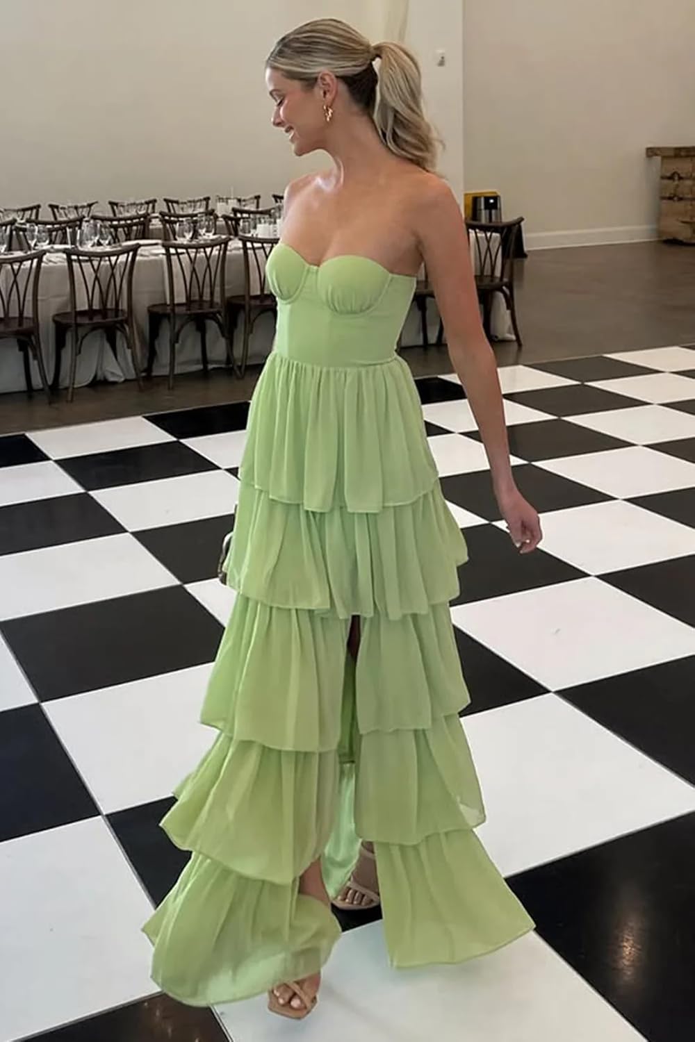 Lawrncedw Strapless Ruffles Prom Dress Tiered Bridesmaid Dresses Sweetheart Chiffon Long Formal Evening Gown with Slit