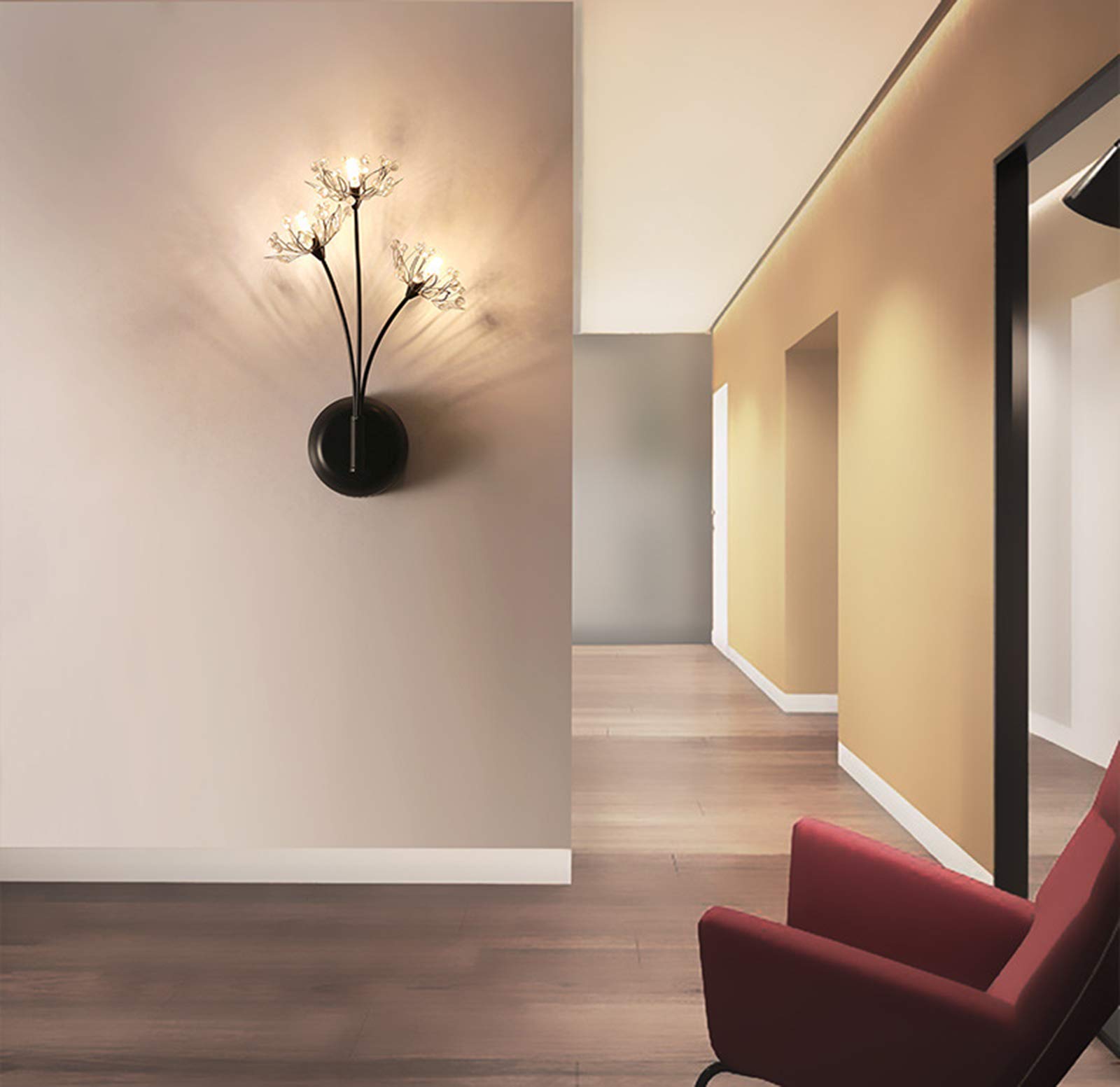 Czarne Kryształowe Kinkiety Do Salonu, 3-Punktowa Lampa Nocna Dandelion Z Okrągłą Metalową Podstawą, Nowoczesna Lampa Ścienna Led Do Sypialni, Art Deco Do Korytarza, Schodów, Przejścia 4,5 W, Warmes