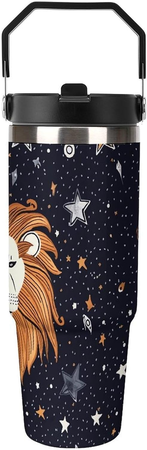 30oz Insulated Tumblers with Top Handle, Stainless Steel Lion And Stars Car Cup with Straw for Gift, Leak-Proof Double Wall Vacuum Travel Mug, Personalized Water Bottles Black