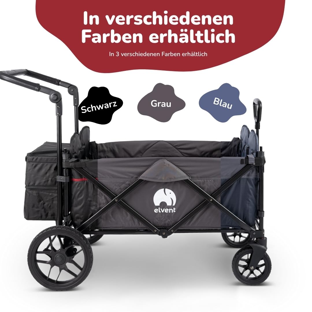 elvent® WagonPro Premium Bollerwagen/Handwagen faltbar mit Dach I 4 Sitzplätze | groß I Sitzpolster, Hecktasche, Off-Road-Reifen, Feststellbremse, 5-Punkt-Gurt I für 4 Kinder (Blau)
