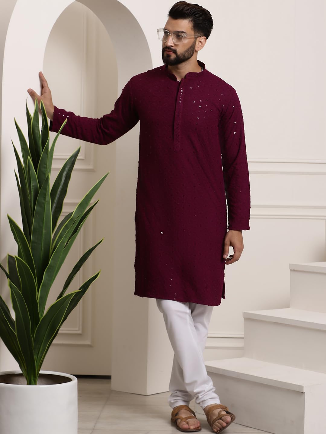 Sojanya (Since 1958 Men's Pure Cotton Purple Sequence Kurta & White Pyjama Set