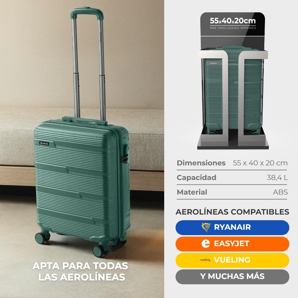 NUMADA - Maleta de Viaje Cabina 55x40x20cm (38,4L) Upfly T10 XS Apta para Ryanair con Cierre de Combinación y 4 Ruedas. Maleta de Mano Rígida Resistente, Ligera con Interior Compartimentado | Verde