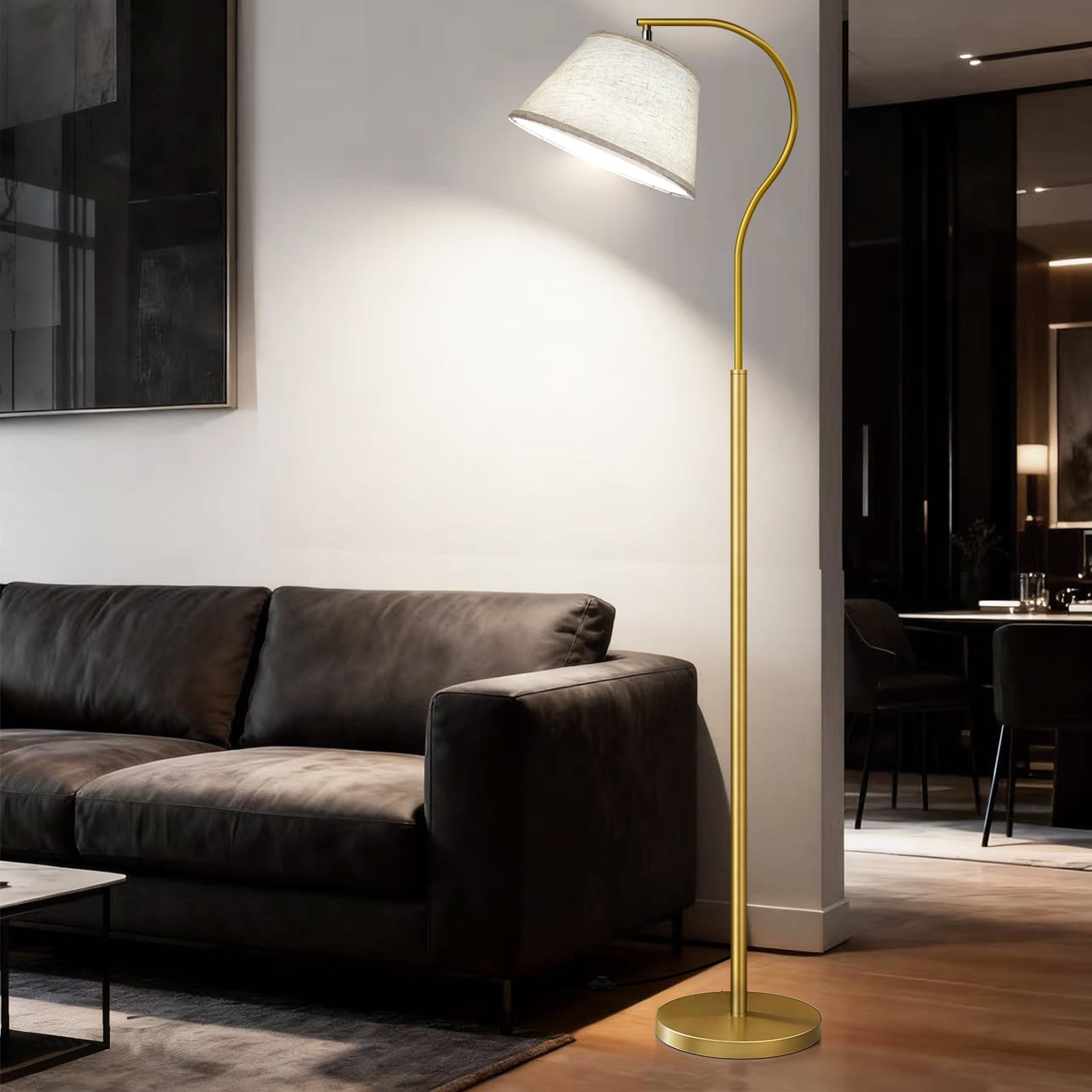 BBHome Lámpara de Pie para Salon, Lámpara de Arco con Pantalla e Interruptor de pie, Lampara pie Moderna con Bombilla LED de 9W, Lampara Salon E27 de 170 cm para salón, dormitorio (Dorado)