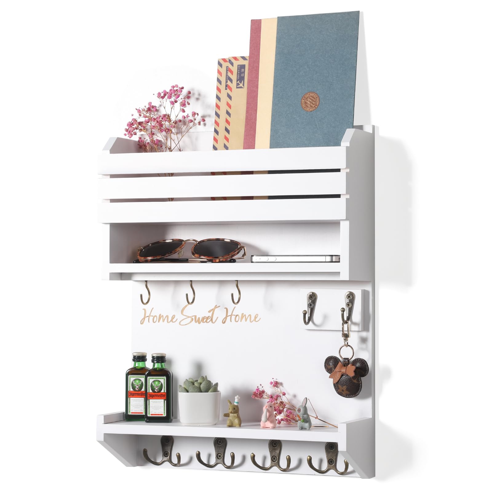 InnovationKey Holder for Wall, Wall Mounted Mail Organizer, Key and Mail Holder for Wall with 9 Key Hooks, Key Racks for Home Entryway Decor, Pine Wood Luxury White Plus