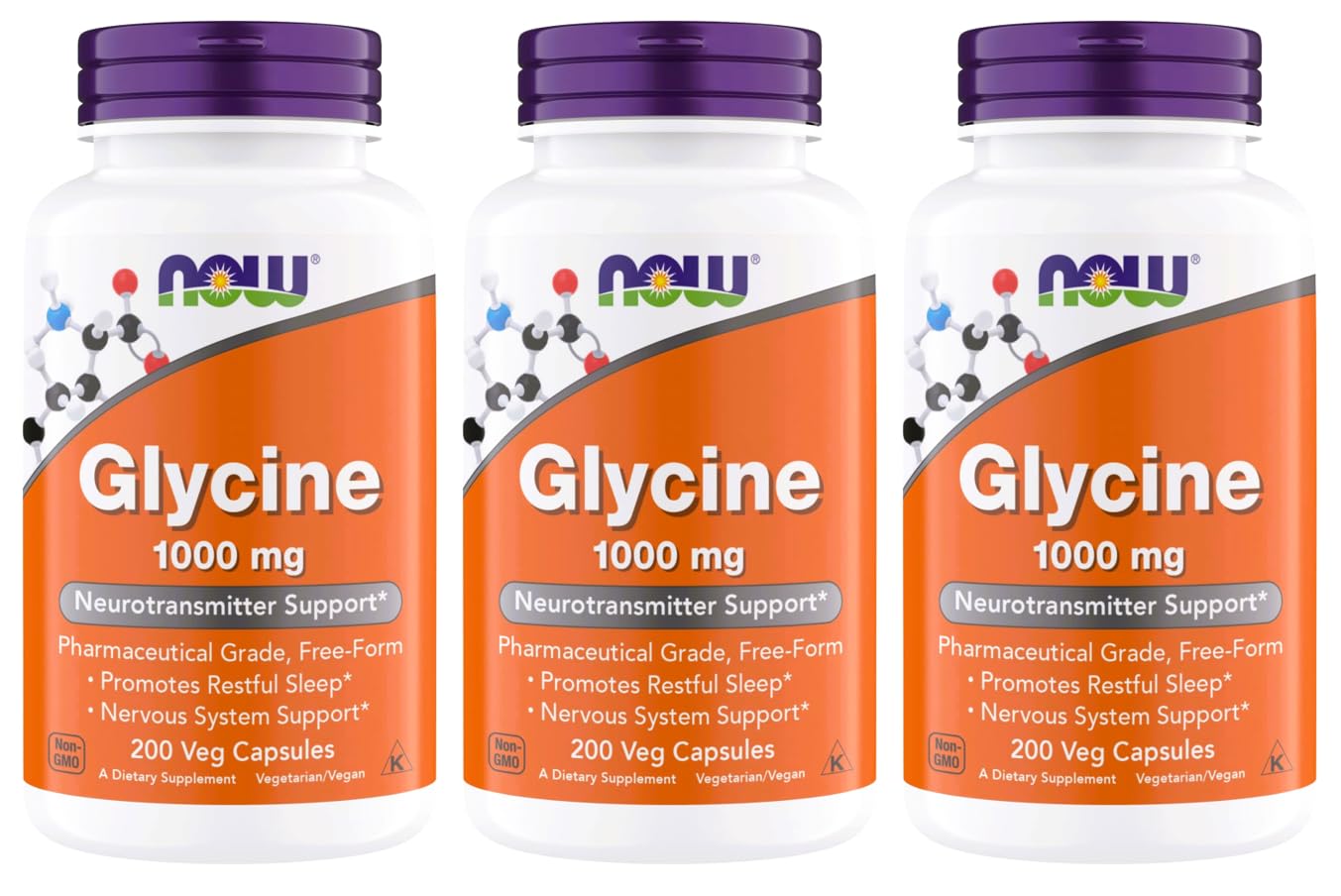 NOW Foods Glycine 1000mg, Free-Form Pharmaceutical Grade, Neurotransmitter Support*, Promotes restful Sleep*, Gluten Free, Vegan, Kosher 200 Vegetarian Capsules (Pack of 3) 200 Count (Pack of 3)