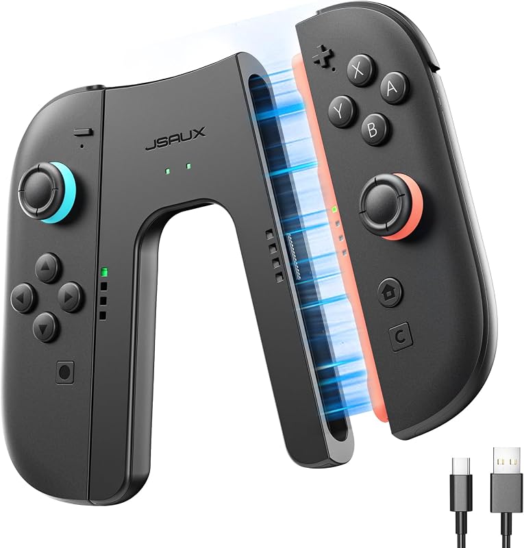 JSAUX Magnetic Charging Grip for Switch 2 JoyPads, Grip Controller | Play While Charging, Magnetic Snap-On, PC+ABS Build, Red/Green LED Status, Compact Travel Design, 4.9ft Charging Cable,