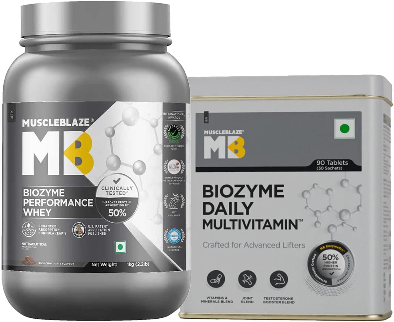 MuscleBlaze Biozyme Performance Whey Protein, Informed Choice UK, Labdoor USA Certified (Rich Chocolate, 1 kg / 2.2 lb) with Biozyme Daily Multivitamin for Men, 90 Tablets (Combo Pack)