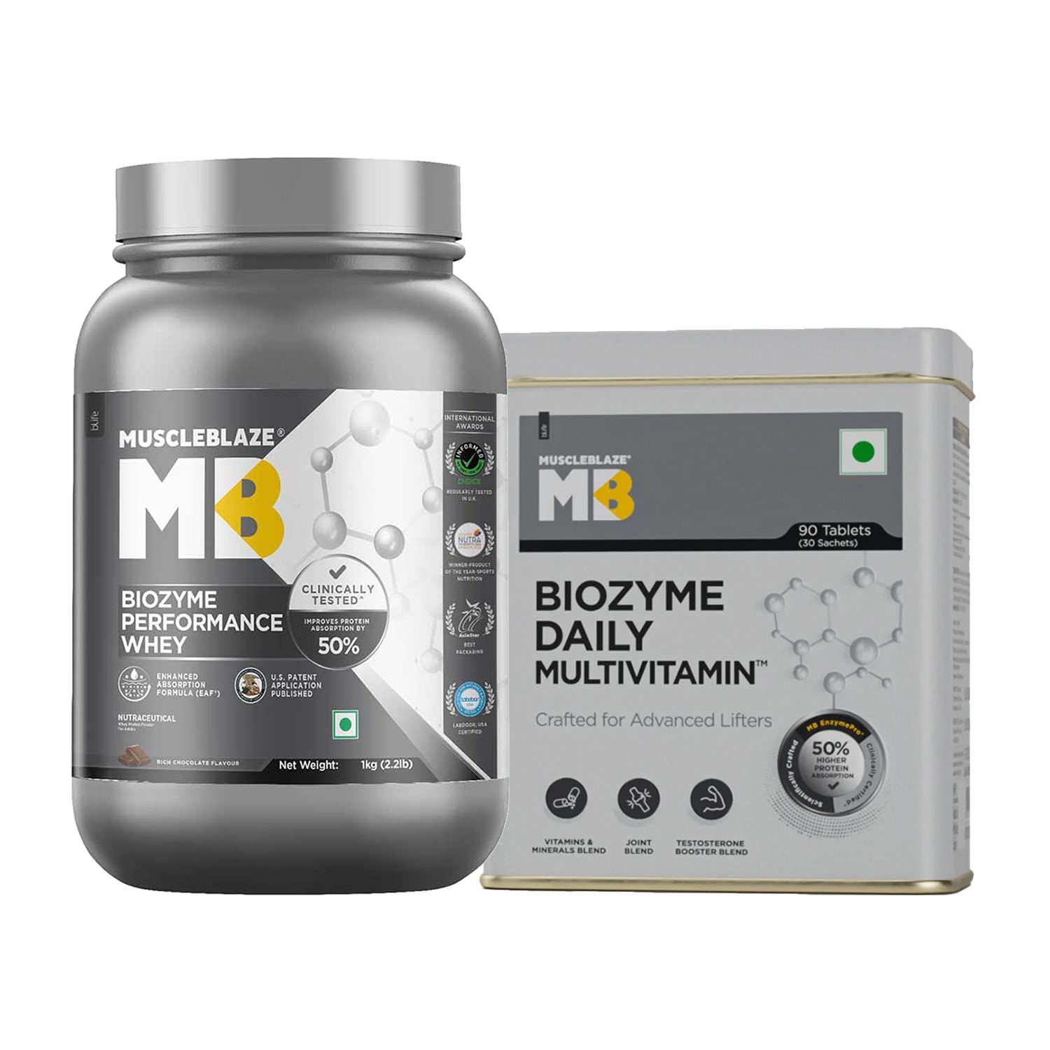 MuscleBlaze Biozyme Performance Whey Protein, Informed Choice UK, Labdoor USA Certified (Rich Chocolate, 1 kg / 2.2 lb) with Biozyme Daily Multivitamin for Men, 90 Tablets (Combo Pack)