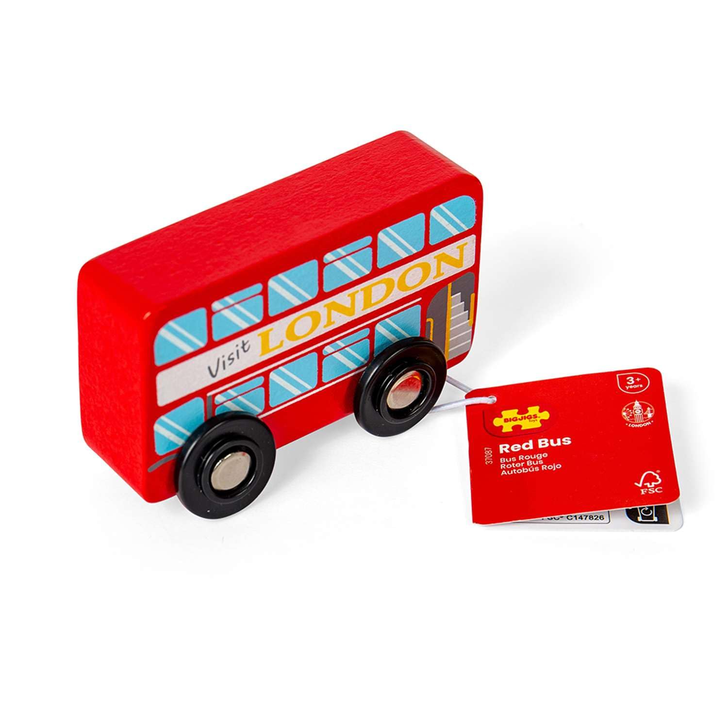 Bigjigs Toys London Bus, Wooden Red Double Decker Push Along Toy