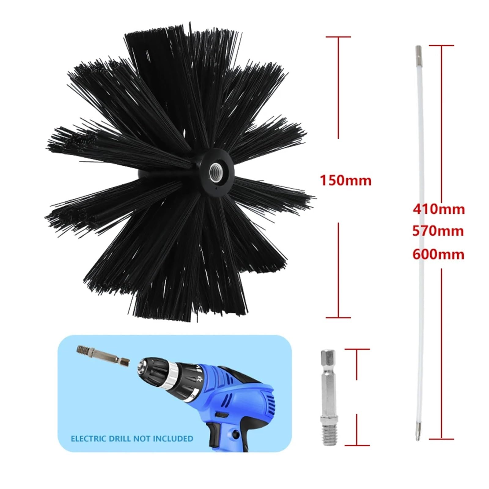 150 mm rotierender Schornsteinbesen, Langer Griff, Flexibler Stab for Schornstein, Trocknerrohr, Kamin-Innenwand und Dachreinigung, unverzichtbar for den Heimgebrauch(6Pcs 410mm Rods)