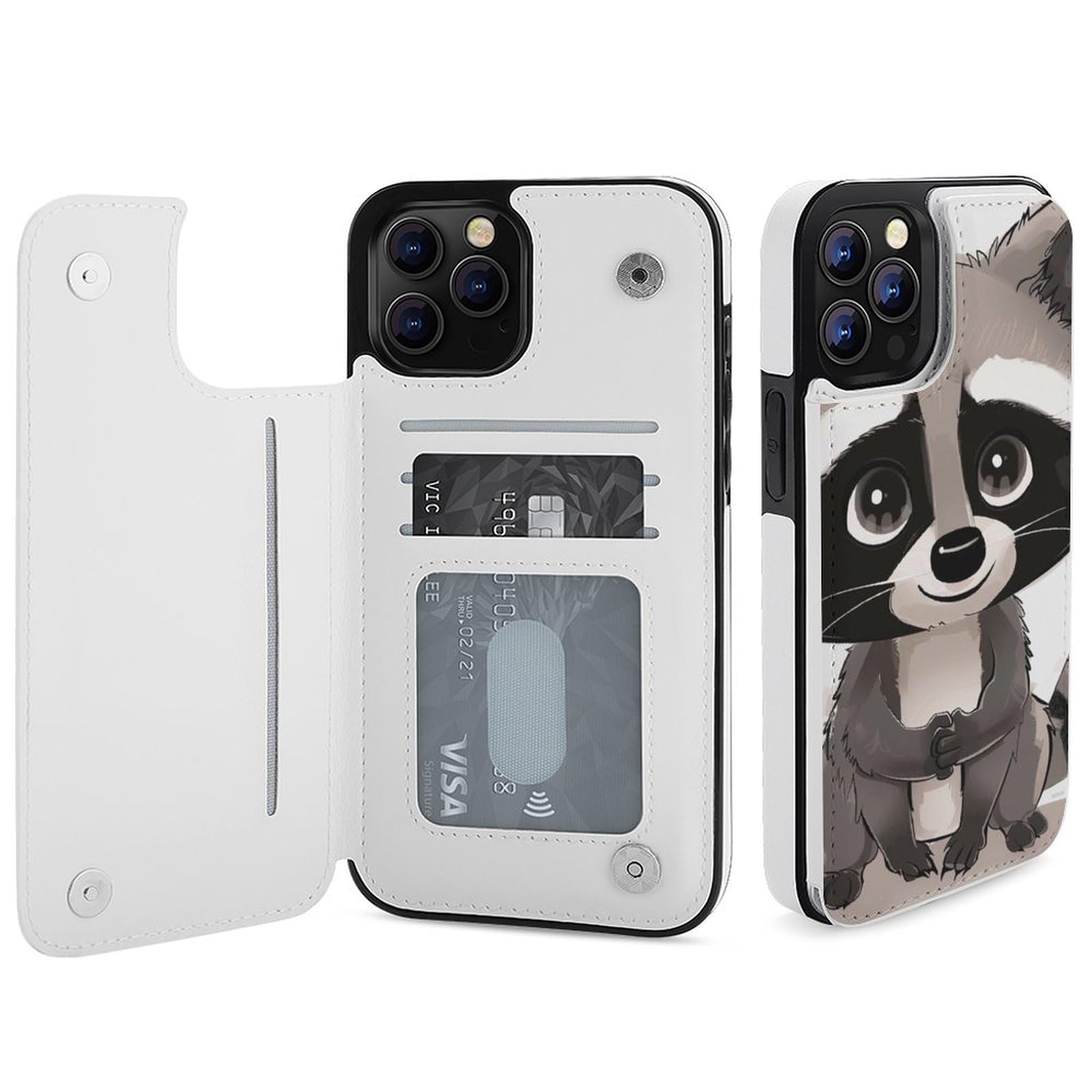 Fundas tipo cartera para iPhone 12 Pro Max, diseño de dibujos animados con estampado de mapache con ranuras para tarjetas