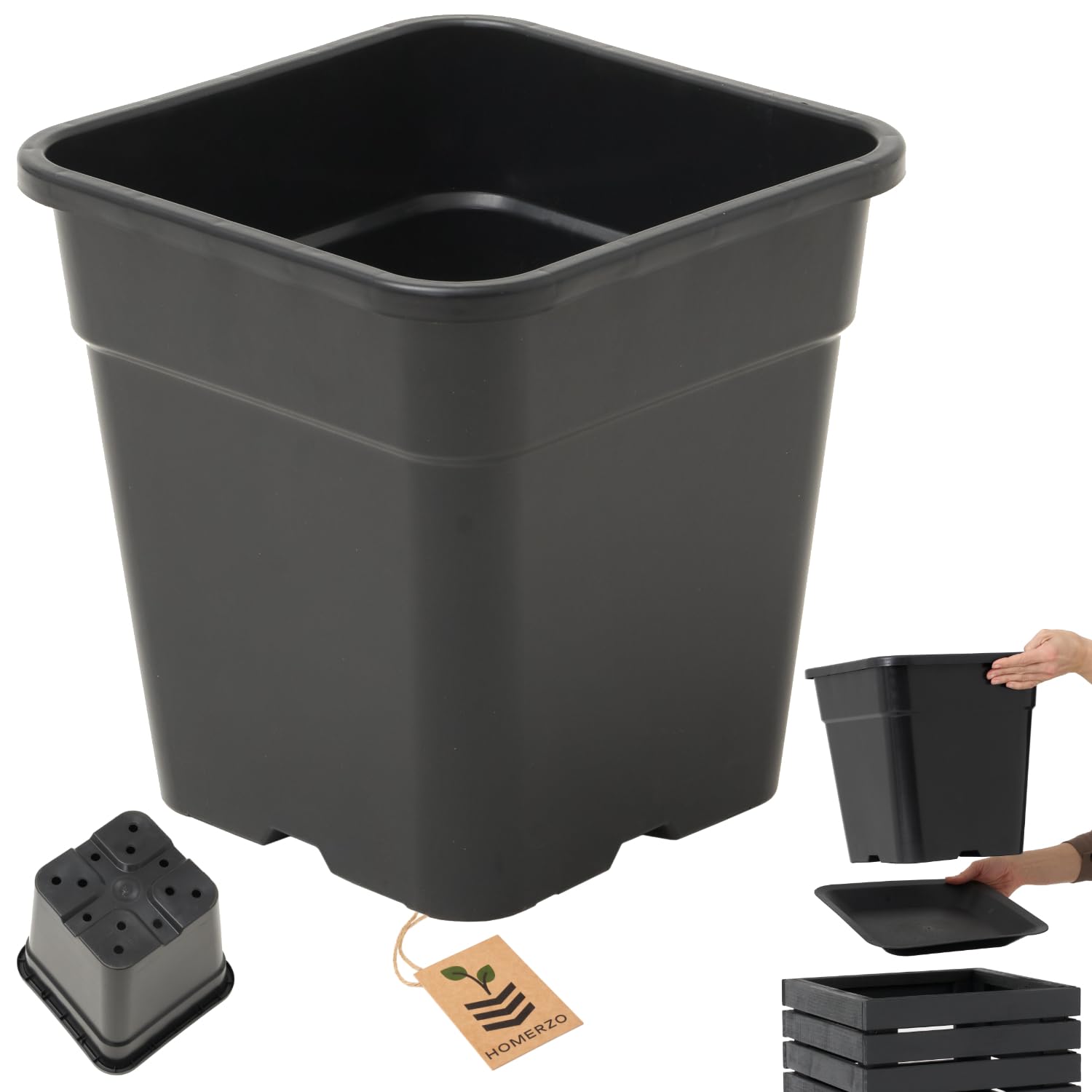 Lot de 6 pots de fleurs carrés de 18 l - Noir - Pot de culture professionnel avec trous de fond - Conteneur à plantes en plastique - 30 x 30 cm - Système de drainage contre l'eau stagnante