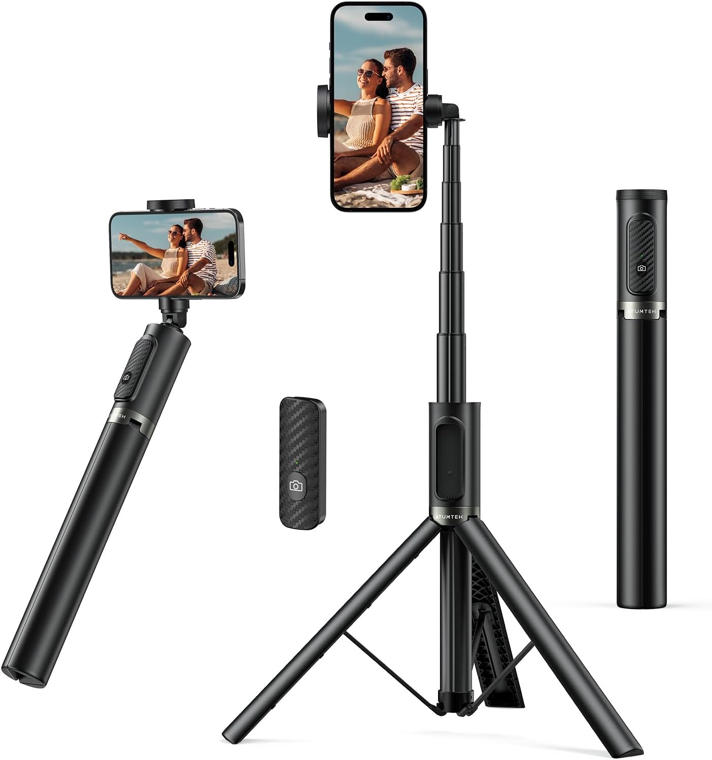 Selfie Stick 140 cm, Smartphone Tripod with Rechargeable Bluetooth Remote Control, Selfie Stick Extendable Tripod in Aluminum, Compatible with iPhone, Samsung and Android Phones