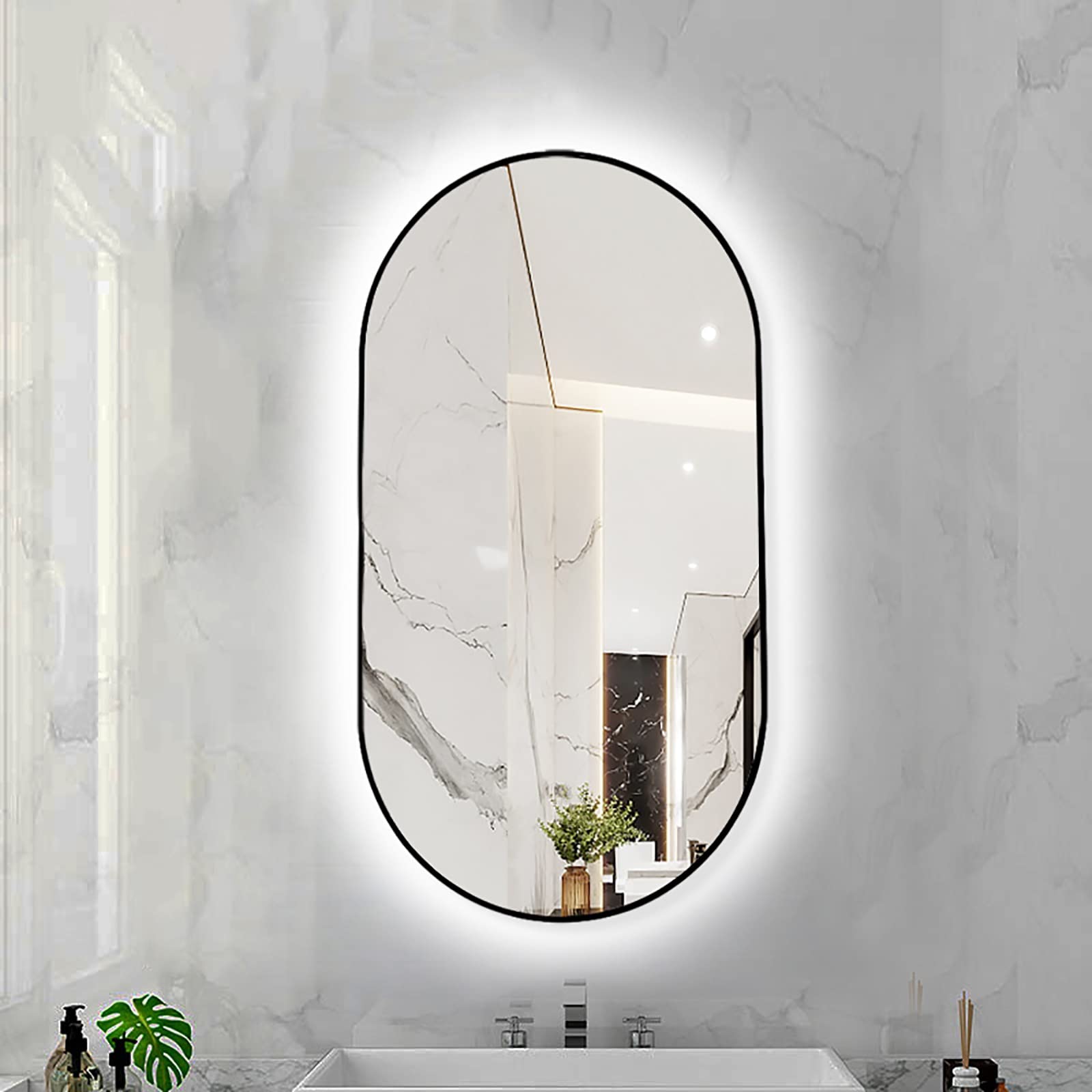 FGXHHS LED Oval with Metal Frame, Backlit Illuminated Lighted Wall Hanging Vanity for Bedroom Entryway (Color : Black Frame- White Light, Size 40X80CM)