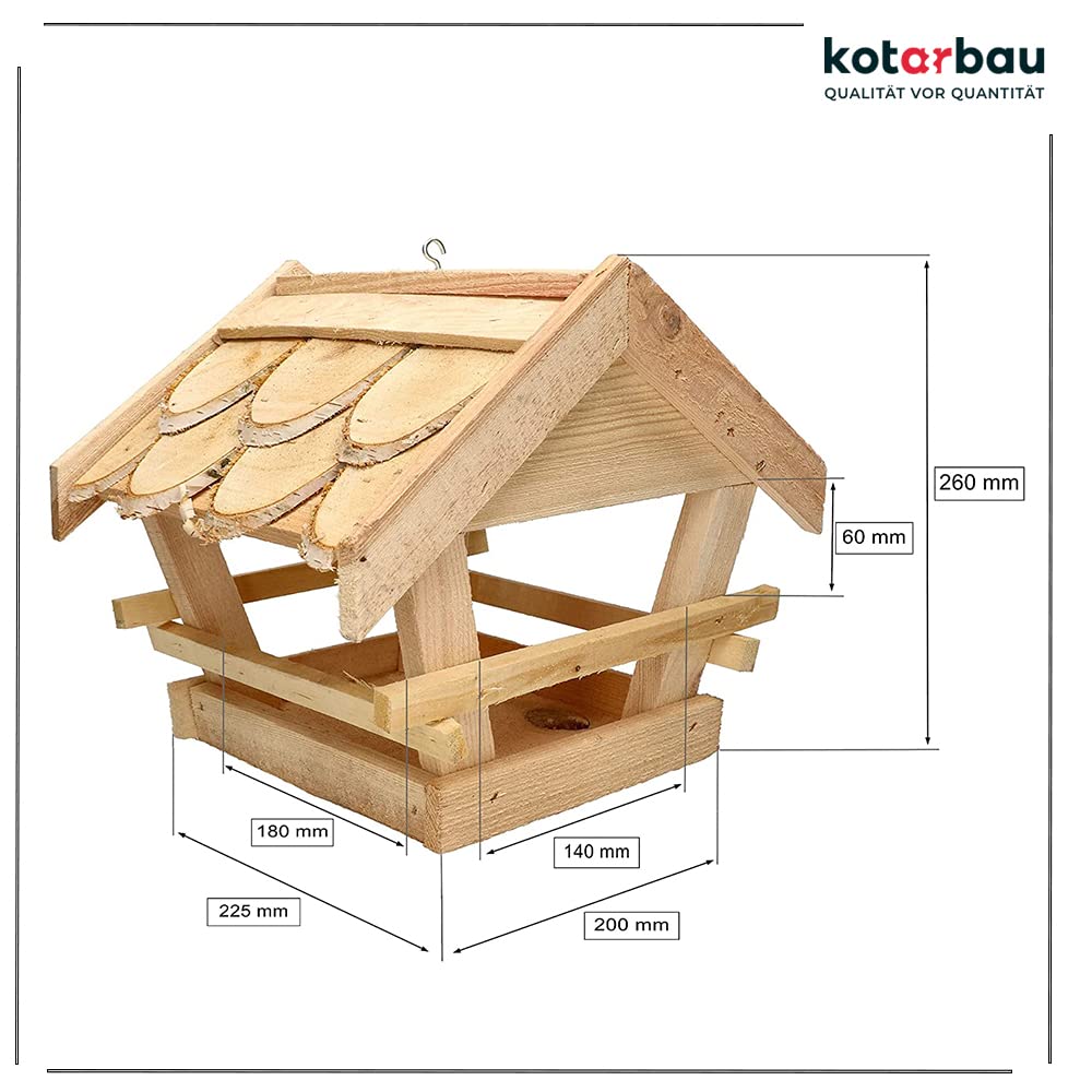 KOTARBAU® Mangiatoia per uccelli in legno con assicella coperta da appendere + fodera da 0,5 kg