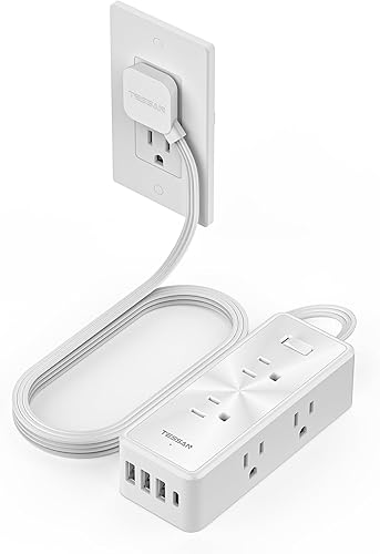 TESSAN - Protector de sobretensiones, enchufe plano ultrafino de 5 pies con 6 salidas de CA, 4 puertos USB (1 USB C), cable de extensión con