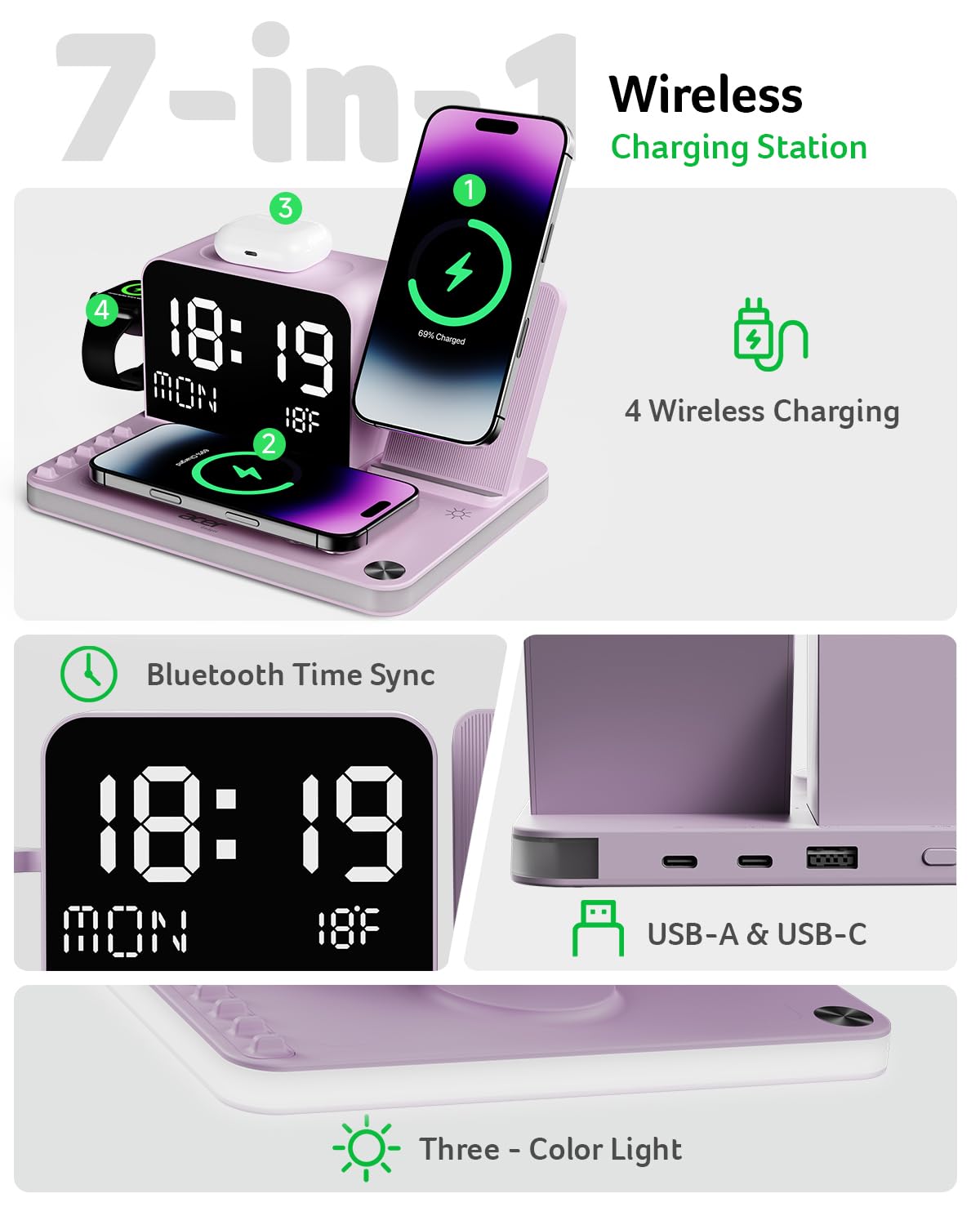 Acer Stazione di ricarica wireless 7 in 1 con orologio a LED, caricabatterie wireless veloce da 30 W per iPhone 16/15/14/13/12/Pro Max, Apple Watch, AirPods, sincronizzazione automatica dell'ora e