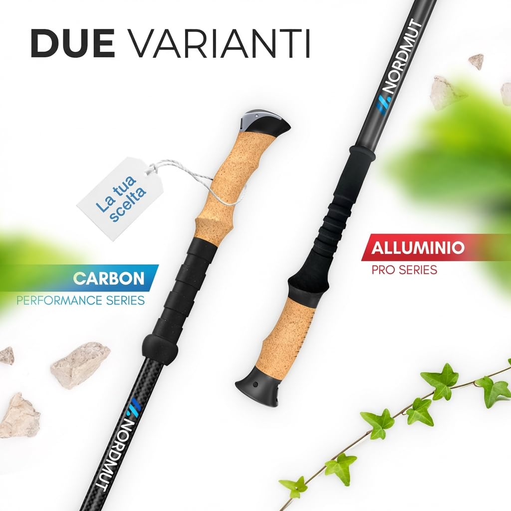 NORDMUT® Bastoncini da Trekking Telescopici | Bastoncini Nordic Walking Donna & Uomo | Trekking Ultralight [con Set Gommini] Regolabili con Impugnatura in Sughero Naturale (Carbone)