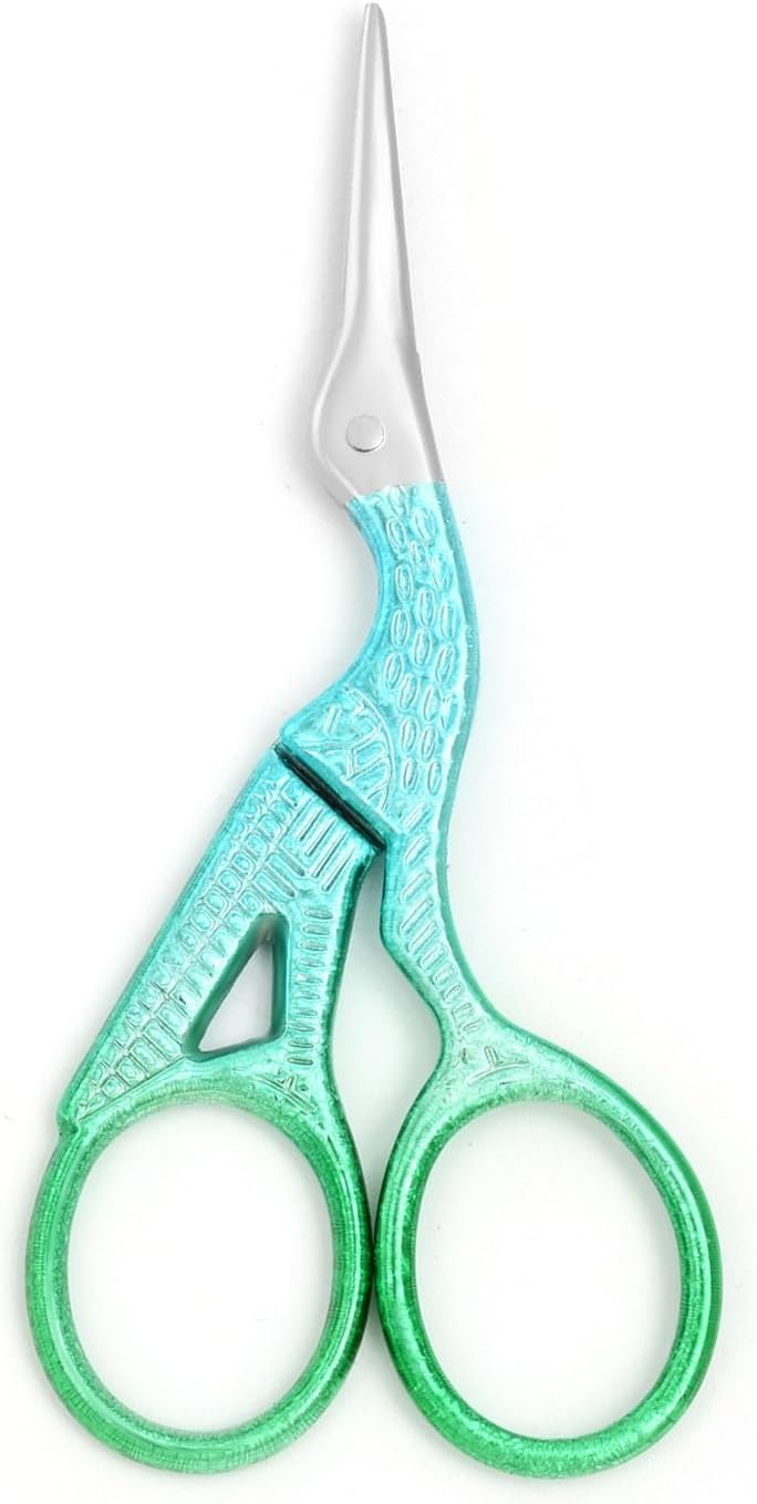 Stork 3.6 Inch Sewing Embroidery Scissors with Artificial Leather Cover - Stainless Steel Vintage Embroidery Scissors for Needlework, Manual Sewing Handicraft (Bright Green)