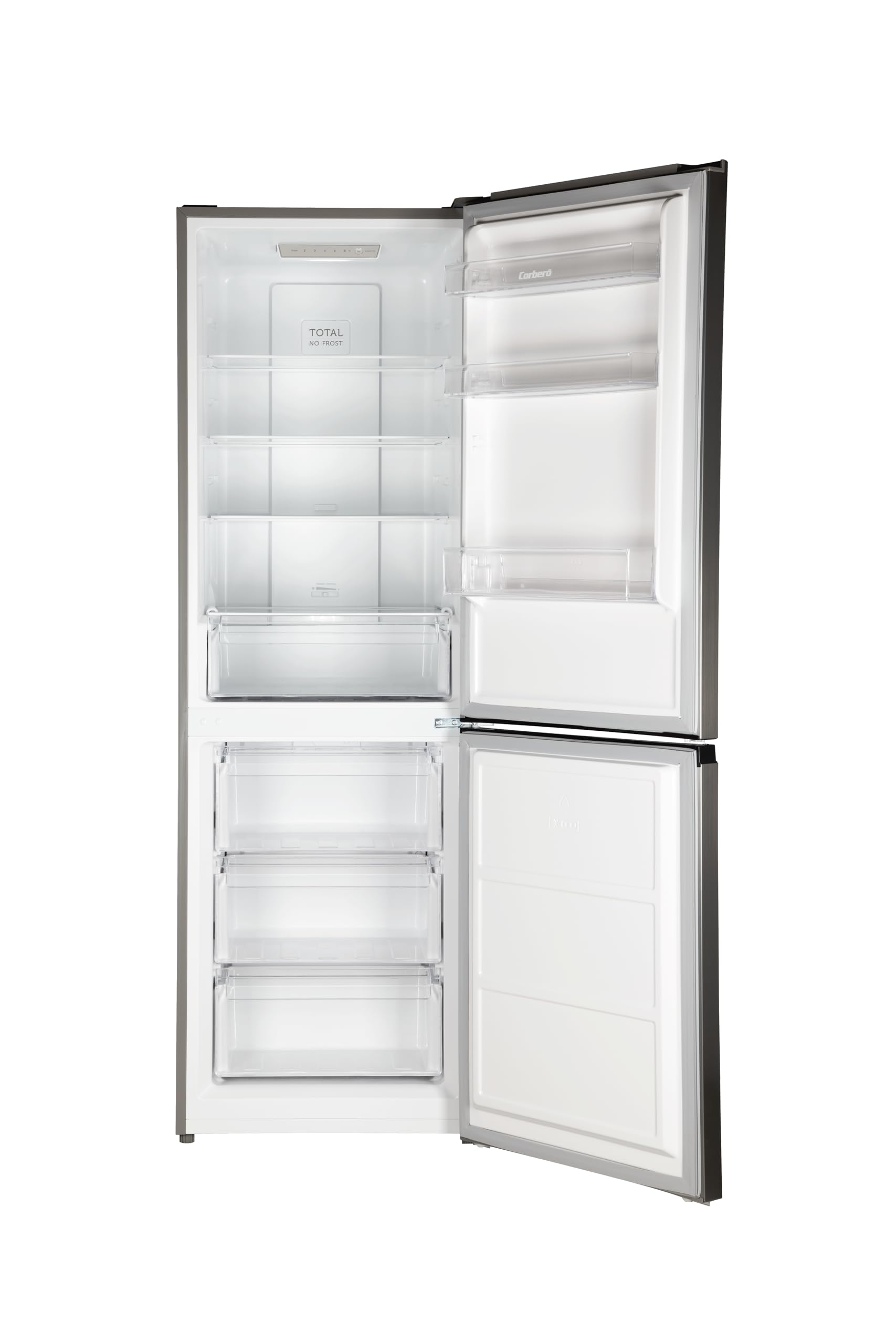 Corbero - Frigorífico Combi No Frost | CCH18574NFX | 327L | 59x91x177 | Luz LED | Crisper y Balcones Ajustables | Estantes de Cristal | 39 Db | Inox