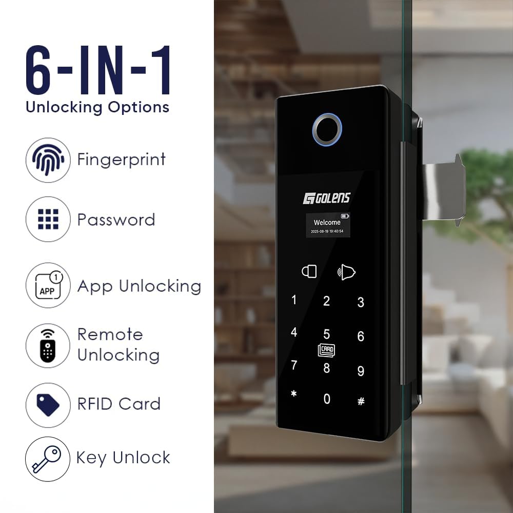 Golens X37 Smart Glass Door Lock for Home/Office | WiFi | 6 Ways Unlocking, Fingerprint, Remote, PIN, IC Card, Mobile App, Key | Digital Lock for Door | Standard Size 10-12 mm Thickness of Glass — Amazon image 2