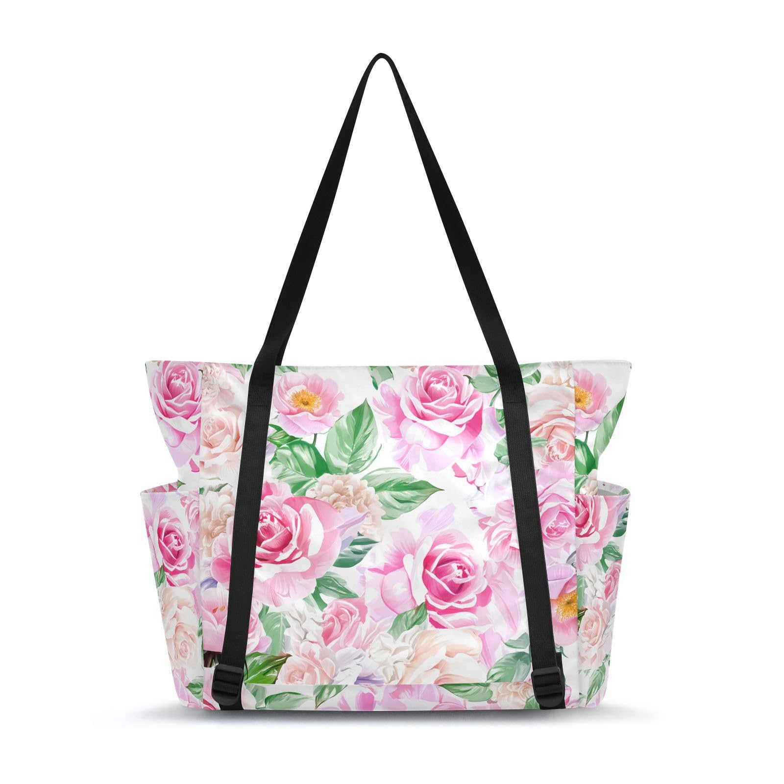 Lxqimora Flowers Elegant Romantic White Yoga Mat Bag for Women Water-Resistant Gym Bag with Yoga Mat Holder Tote Bag for Pilates Yoga Office Gym