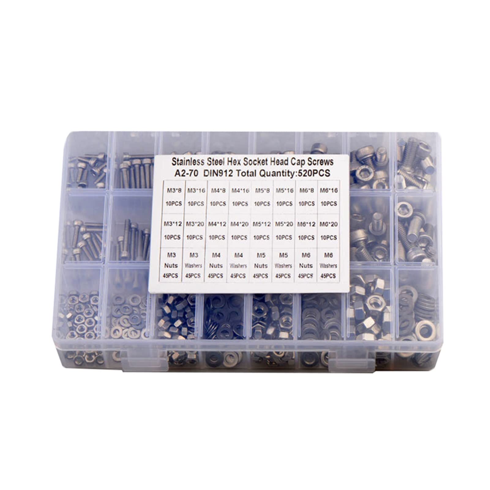 Youngran 520pcs M3 m4 m5 m6 Juego de Pernos de Cabeza de Taza de Tornillo de Cabeza de zócalo 304 Perno de Acero Inoxidable Allen con Arandelas Planas y nueces Kit de Surtido Leisurely
