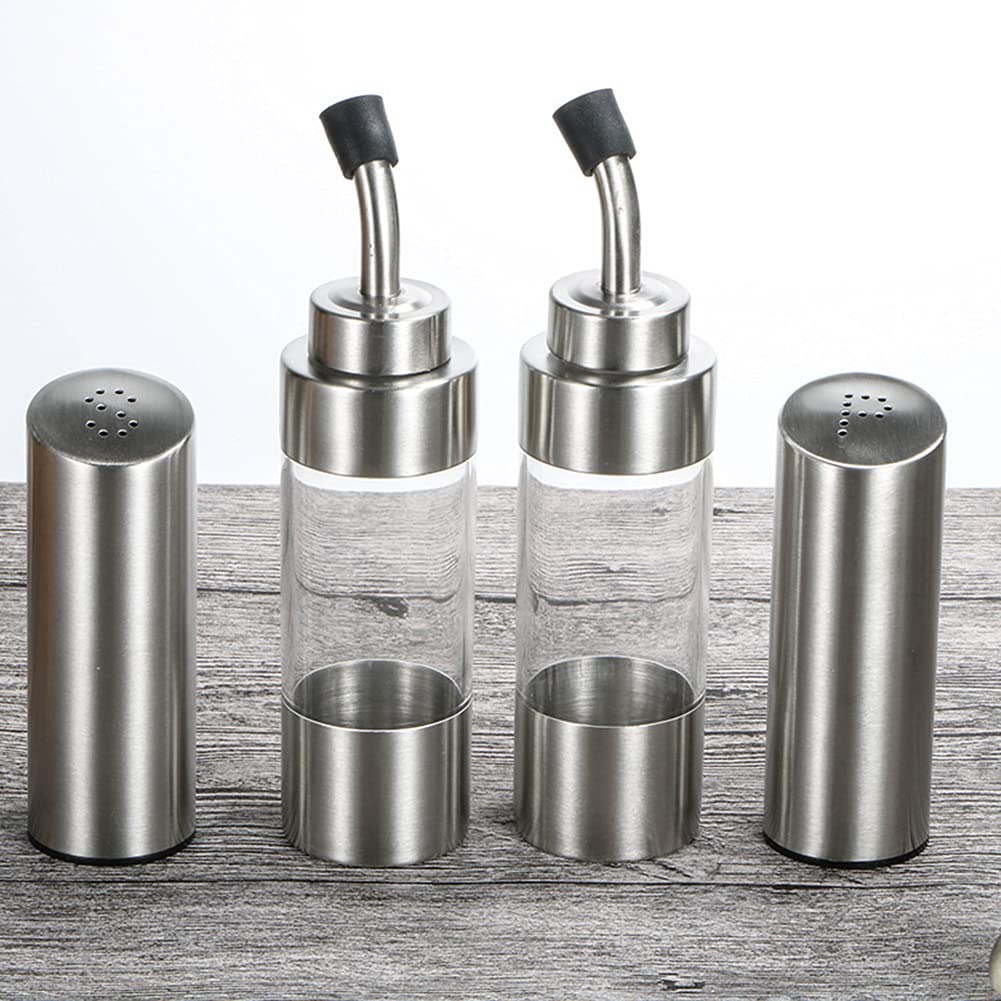 4-teiliges Öl- und Essigspender-Set inless Steel & S SE Set mit Holzregal inkl. 2 Öl- und Essigflaschen, 2 Salz- und Pfefferstreuer, Küche Se