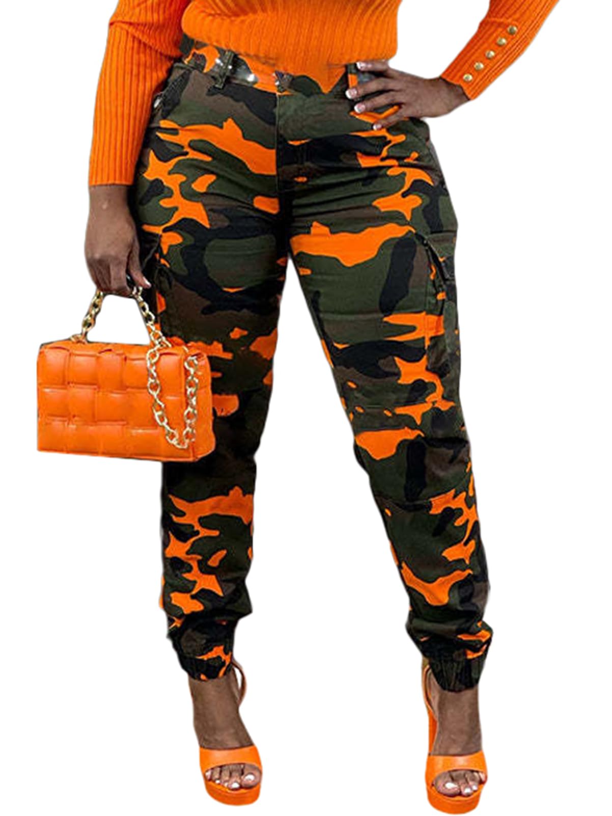 Famnbro Women Camo Pants Camouflage Cargo Pants Ankle Cuffed Army Fatigue Joggers Streetwear