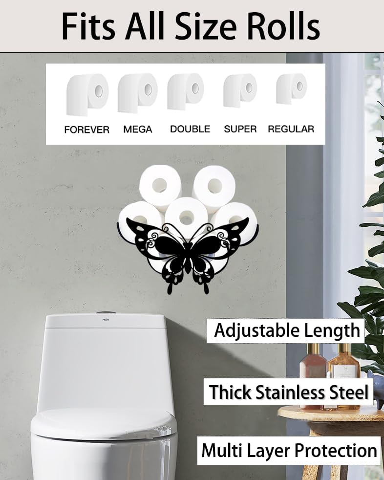 Miniatura 3 de Gojoquanzhou Divertidos portarrollos de papel higiénico de mariposa, soporte de 8 rollos de papel higiénico negro montado en la pared, se adapta a