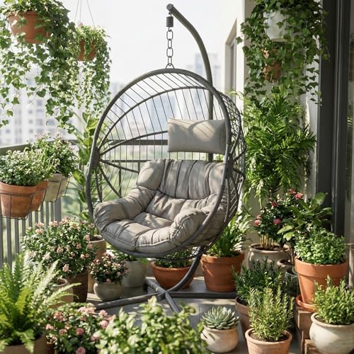 GREEN MORE Hängesessel mit Gestell, Rattan Korbweide Faltbare Hängesessel mit Ständer Dicke Kissen Möbel, 160KG Kapazität, für Outdoor Innenhof Garten Schlafzimmer, Grau