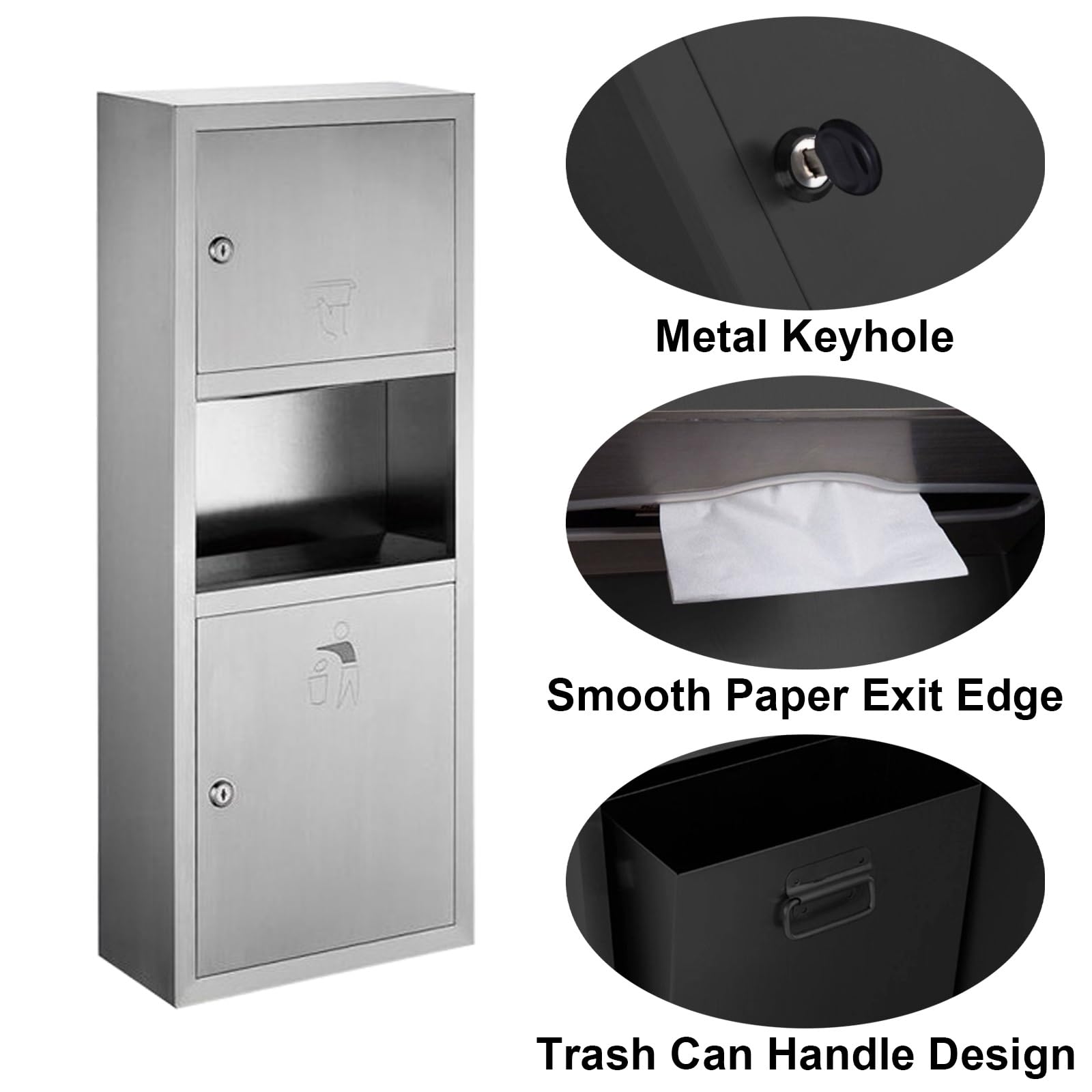 Poubelles et Distributeur de Mouchoirs Encastrés en Acier Inoxydable avec Serrure, Distributeur Papier Essuie Main avec Poubelle Amovible pour Salle de Bain, Hôtel, Hôpital(Silver)