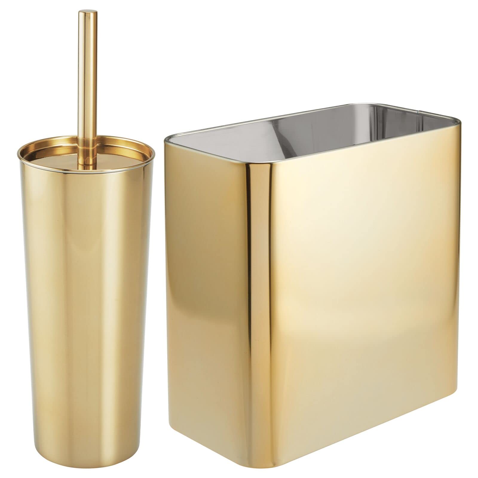 Photo 1 of *Not Exact* mDesign Modern Compact Freestanding MetalToilet Bowl Brush and Rectangle Open Wastebasket Garbage Can Combo Set for Bathroom Storage - Sturdy, Deep Cleaning - Set of 2 - Brass