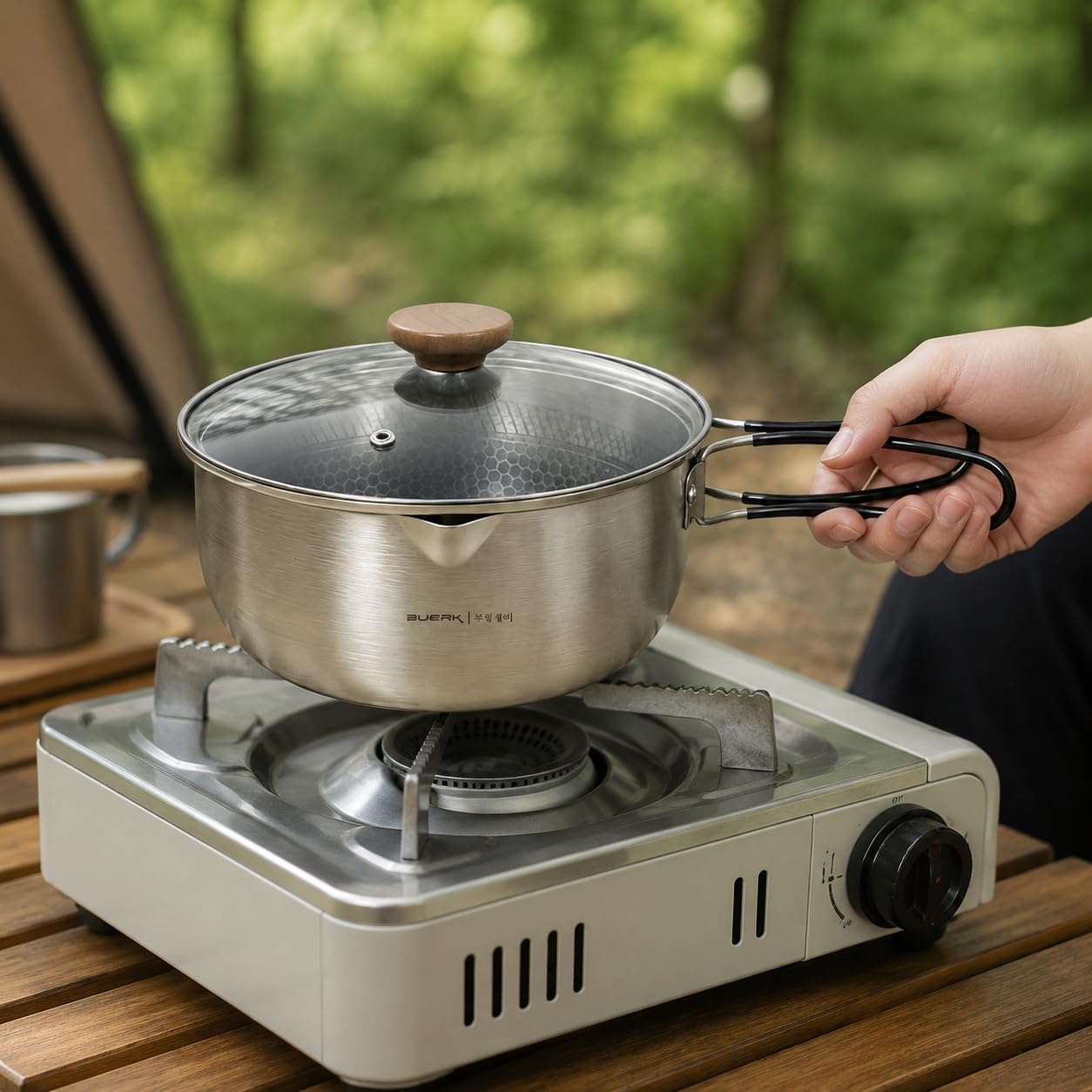 1 Olla Colgante Juego de Utensilios Acero Inoxidable Camping Antiadherente Tapa de Cristal 5200ml Práctica para Comidas al Aire Libre Viajes Familiares, cazuela cocción acero triple e