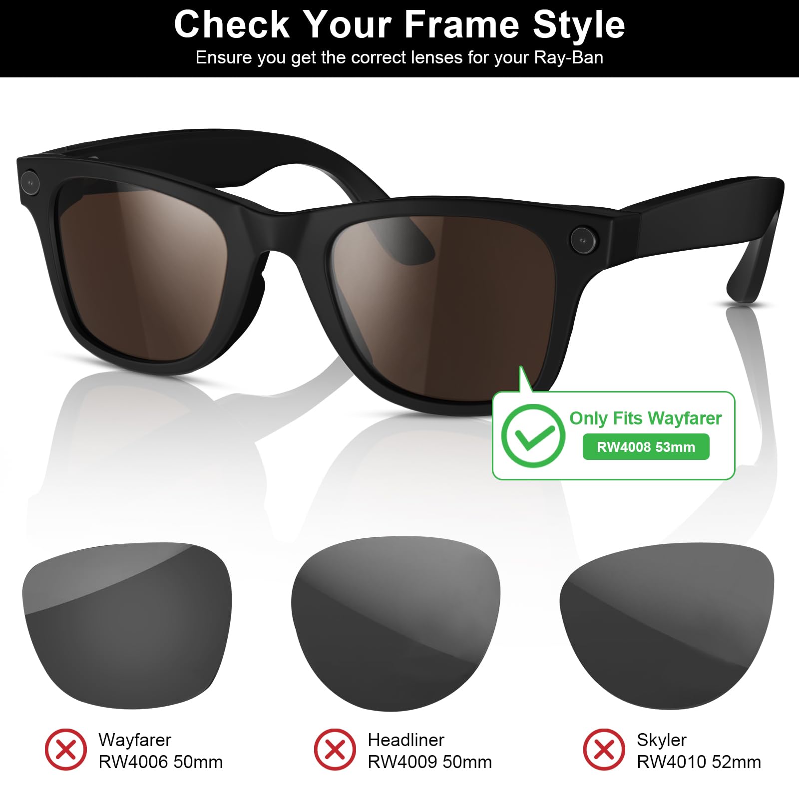 Lentes de repuesto compatibles con gafas inteligentes Ray-Ban Meta Wayfarer RW4008 (53 mm)